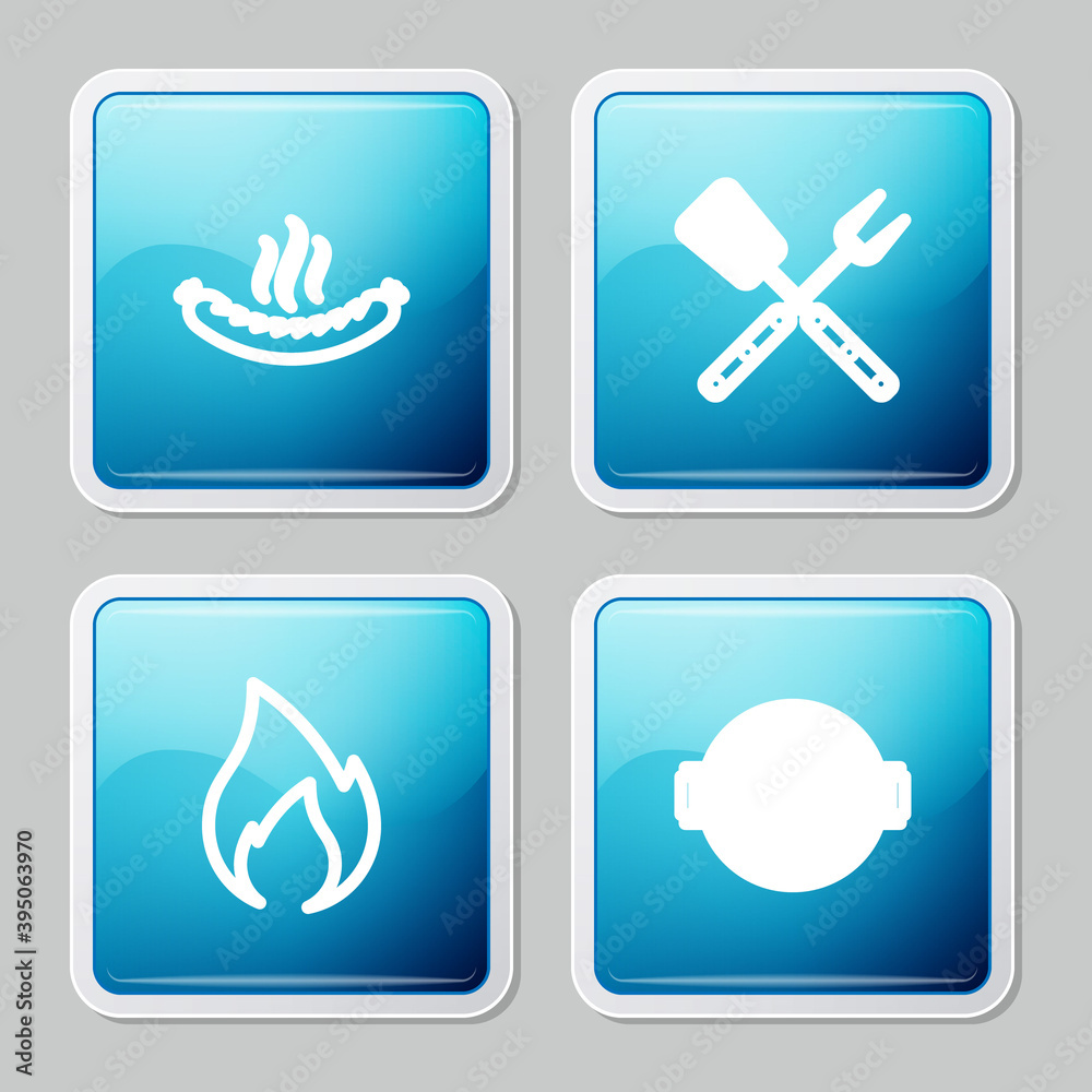 Set line Sausage, Crossed fork and spatula, Fire flame and Barbecue grill with sausage icon. Vector. Set line Sausage, Crossed fork and spatula, Fire flame and Barbecue grill with sausage icon. Vector.