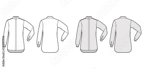 Shirt clergy technical fashion illustration with elbow fold long sleeves, relax fit, concealed button-down, Tab Collar. Flat template front, back white grey color. Women men unisex top CAD mockup