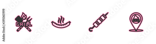 Set line Crossed fork and spatula, Grilled shish kebab, Sausage and Location with barbecue icon. Vector.
