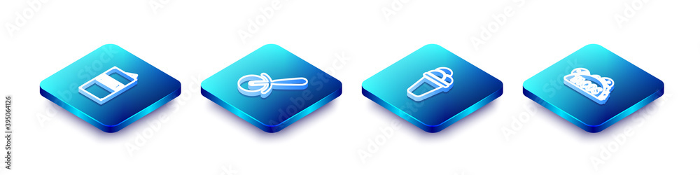 Set Isometric line Beer can, Pizza knife, Ice cream and Taco with tortilla icon. Vector. Set Isometric line Beer can, Pizza knife, Ice cream and Taco with tortilla icon. Vector.