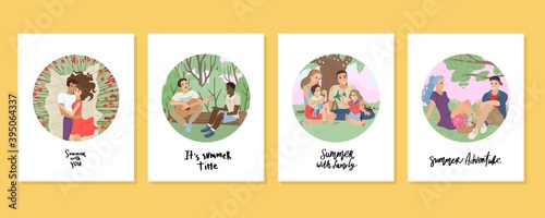 Card design Summer. Summer holidays with friends, family picnic, boyfriend and girlfriend date, lovers with flowers. Summer activity. Vector illustration.