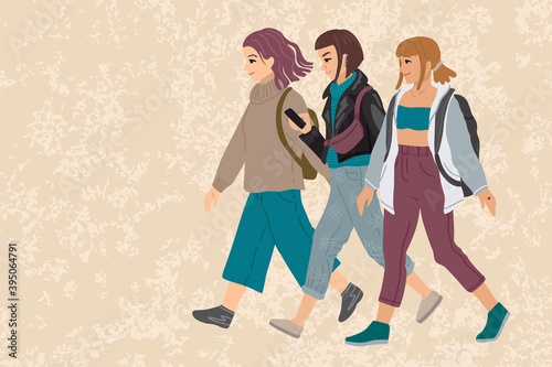 Female friends are walking, viewing the phone, chatting and communicating with friends. Characters on the background. Vector drawing illustration.