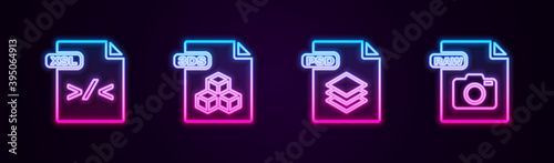 Set line XSL file document, 3DS, PSD and RAW. Glowing neon icon. Vector. photo