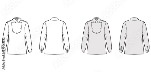 Shirt cavalry Officer technical fashion illustration with bib  long sleeves  relax fit  classic collar. Flat wild west style template front  back white grey color. Women men top CAD mockup