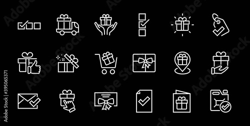 Gifts Linear Icons Set contains Gift Box  Gift Buying  Gift Delivery  Gift Geolocation mobile application  Gift notification  SMS. Editable Barcode  Vectar Icons