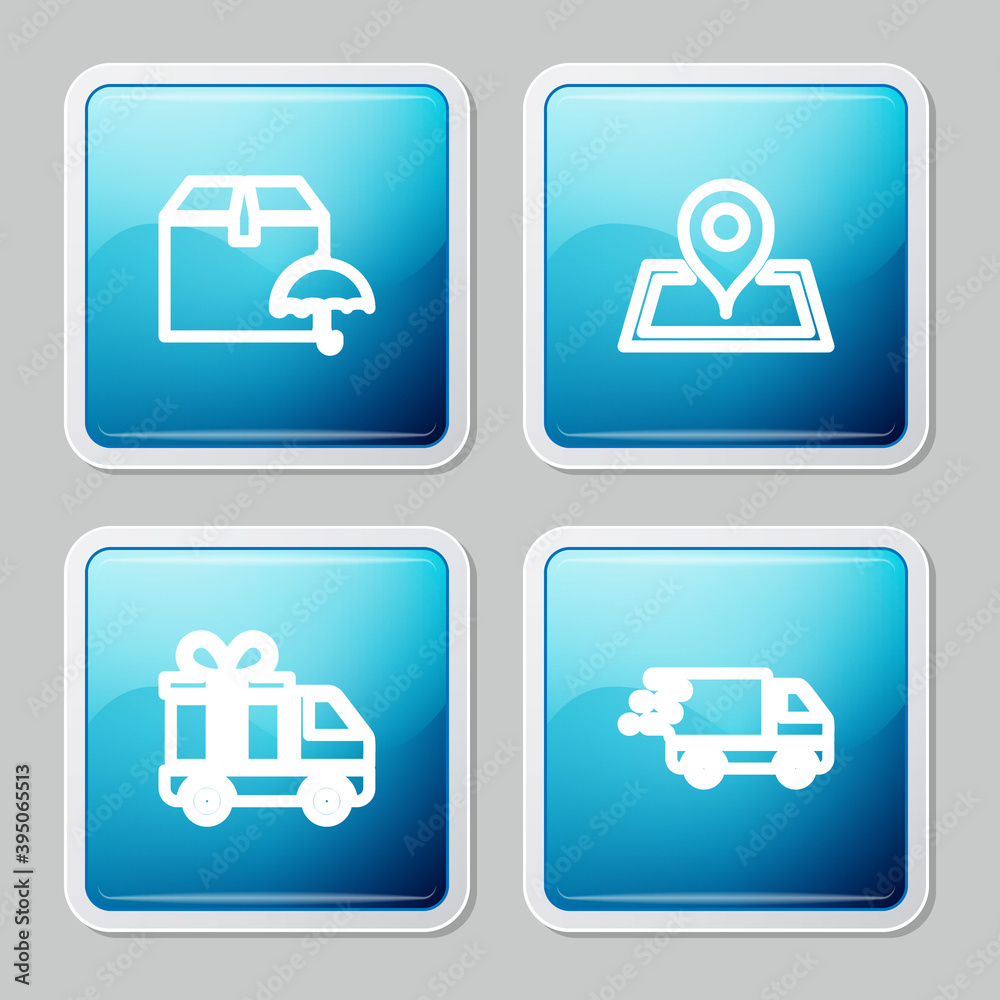 Set line Delivery package with umbrella, Placeholder on map, truck gift and in movement icon. Vector. Set line Delivery package with umbrella, Placeholder on map, truck gift and in movement icon. Vector.