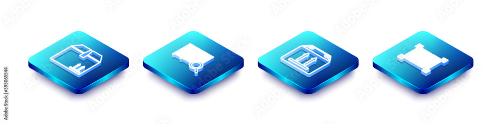 Set Isometric line Cardboard box with traffic, Search barcode, and Barcode icon. Vector. Set Isometric line Cardboard box with traffic, Search barcode, and Barcode icon. Vector.