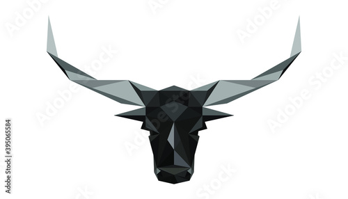 Black formidable and angry bull with large sharp horns isolated on a white background. Vector illustration made of dark polygons.