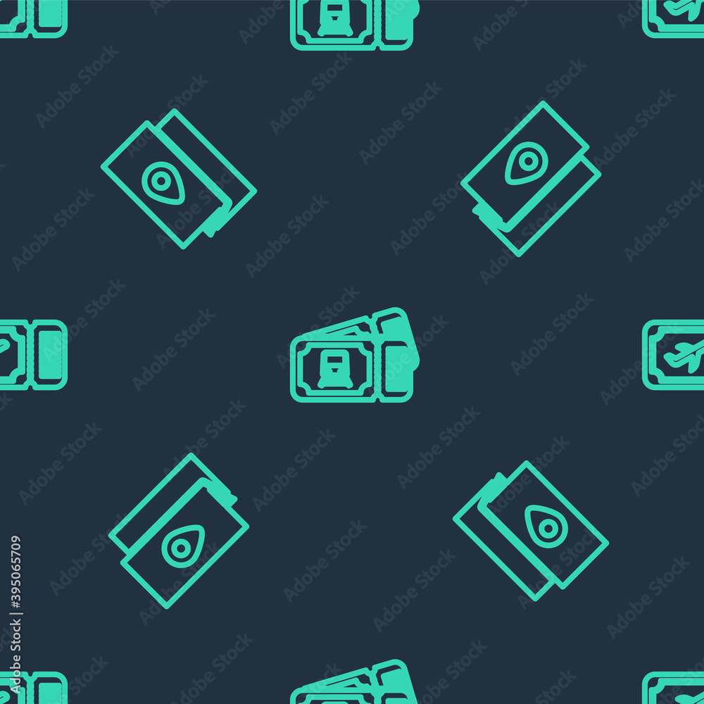 Set line Train ticket, Cover book travel guide and Airline on seamless pattern. Vector. Set line Train ticket, Cover book travel guide and Airline on seamless pattern. Vector.