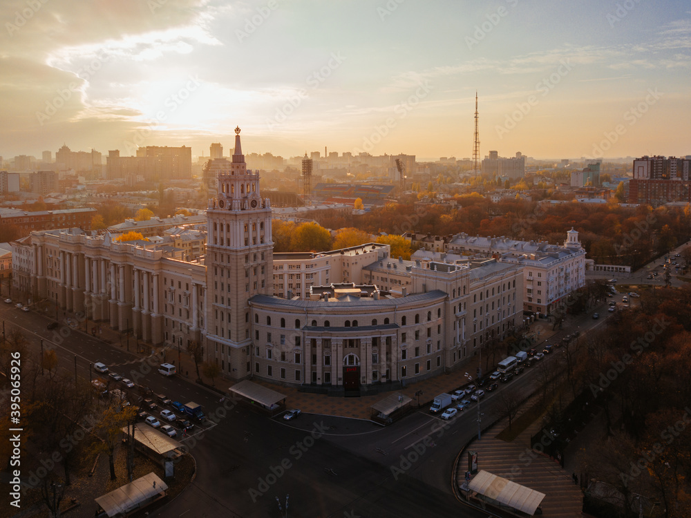 Evening autumn Voronezh, aerial view. Tower of management of south-east railway and Revolution prospect