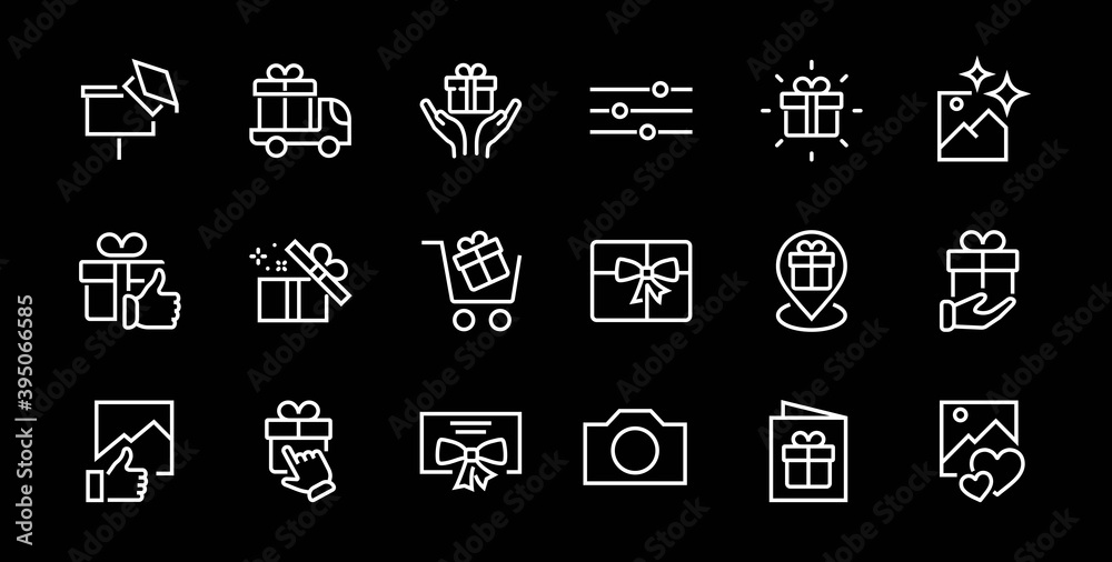 Gifts Linear Icons Set contains Gift Box, Gift Buying, Gift Delivery, Gift Geolocation mobile application, Gift notification, SMS. Editable Barcode, Vectar Icons