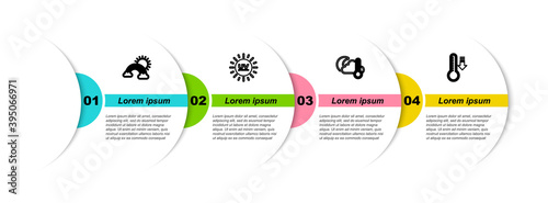 Set line Rainbow with clouds and sun, UV protection, Thermometer cloud, moon and Meteorology thermometer. Business infographic template. Vector.