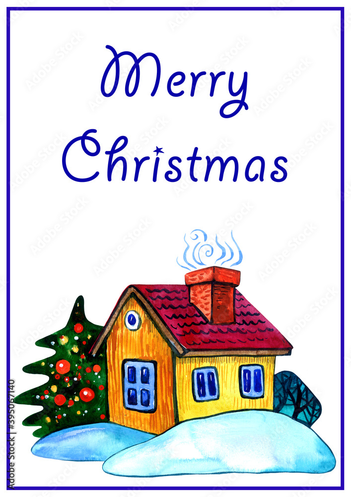 Merry Christmas - greeting card template with watercolor cozy landscape with a house and decorated chritmas tree. A4 template design.