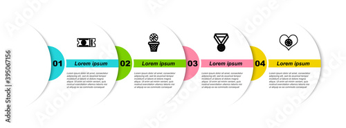 Set line Basketball game ticket, and basket, medal and Heart with basketball. Business infographic template. Vector.