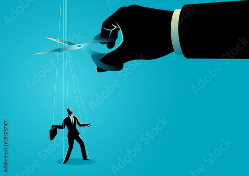 Scissors cutting the strings attached to businessman