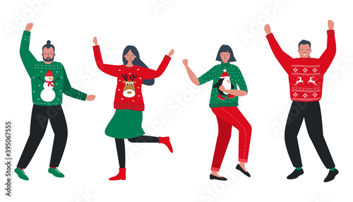 Ugly Christmas Sweater Party. Young people in red and green Christmas sweaters with deer, snowman, penguin are dance. Vector illustration.