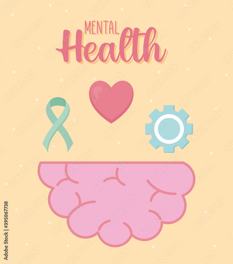 mental health with brain and icon set vector design