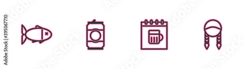 Set line Fish, Saint Patricks day calendar, Beer can and Braid icon. Vector.