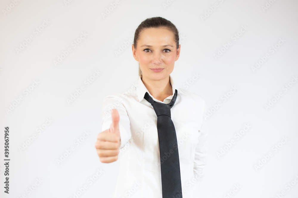 Happy smiling business woman with thumb up gesture, isolated on white background Happy smiling business woman with thumb up gesture, isolated on white background