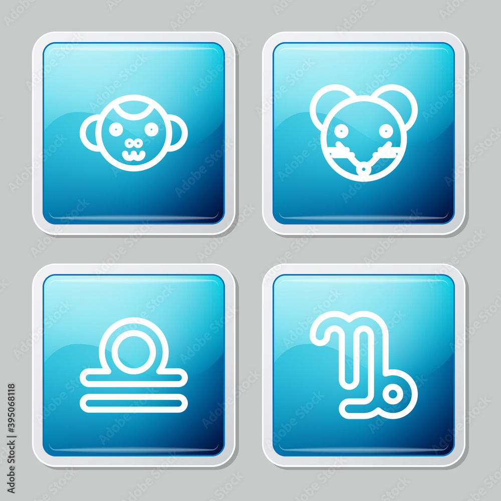 Set line Monkey zodiac, Rat, Libra and Capricorn icon. Vector. Set line Monkey zodiac, Rat, Libra and Capricorn icon. Vector.