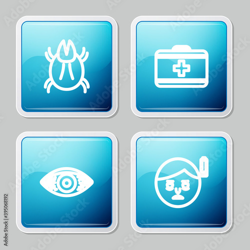 Set line Parasite mite, First aid kit, Reddish eye allergic conjunctivitis and Fatigue icon. Vector.