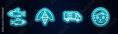 Set line Fish, Bee, Emergency car and Man with excessive sweating. Glowing neon icon. Vector.