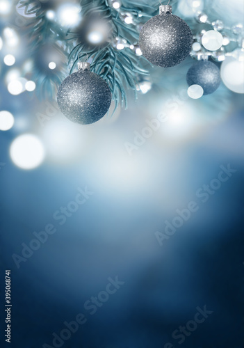 Fir Blue Pine Branch and Christmas ball - Christmas Holidays Background.