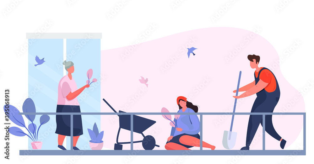 Family Care of Plant and Flowers in Garden on Balkony.Family Gardening.Engaged in Gardening in the Backyard.Eco Concept.Organic Gardening.Water Potted Flowers.Flat Vector Illustration.