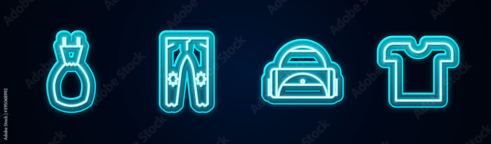 Set line Woman dress, Pants, Sport bag and T-shirt. Glowing neon icon. Vector. Set line Woman dress, Pants, Sport bag and T-shirt. Glowing neon icon. Vector.