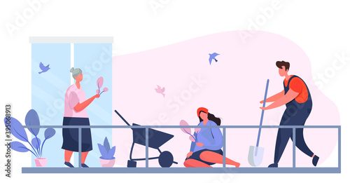 Family Care of Plant and Flowers in Garden on Balkony.Family Gardening.Engaged in Gardening in the Backyard.Eco Concept.Organic Gardening.Water Potted Flowers.Flat Vector Illustration.