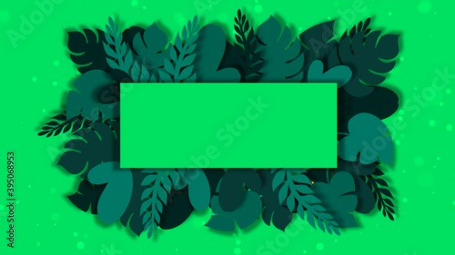 Tropical palm leaves motion graphics rectangle frame template with twinkling particles on green screen. Summer trendy floral cartoon animation made in paper cut out style. Wildlife concept. 
