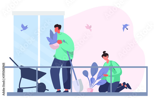 Family Care of Plant and Flowers in Garden on Balkony.Family Gardening.Engaged in Gardening in the Backyard.Eco Concept.Organic Gardening.Water Potted Flowers.Flat Vector Illustration.