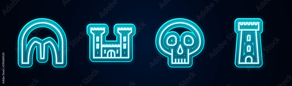 Set line Medieval iron helmet, Castle, Skull and tower. Glowing neon icon. Vector.