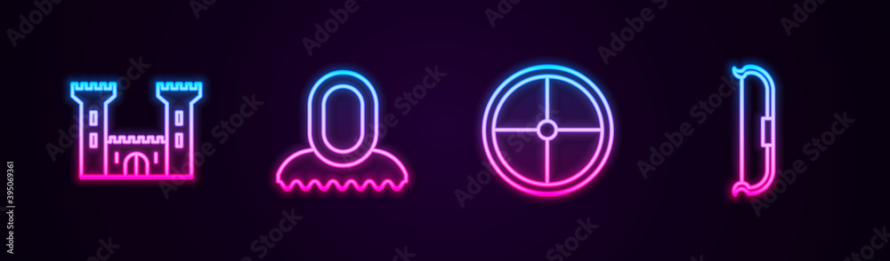Set line Castle, Medieval hood, Round wooden shield and bow. Glowing neon icon. Vector.