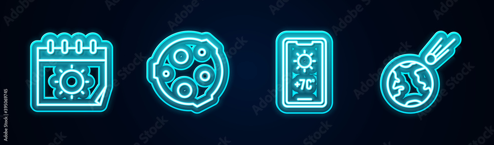 Set line Calendar and sun, Moon, Weather forecast and Comet falling down fast. Glowing neon icon. Vector. Set line Calendar and sun, Moon, Weather forecast and Comet falling down fast. Glowing neon icon. Vector.