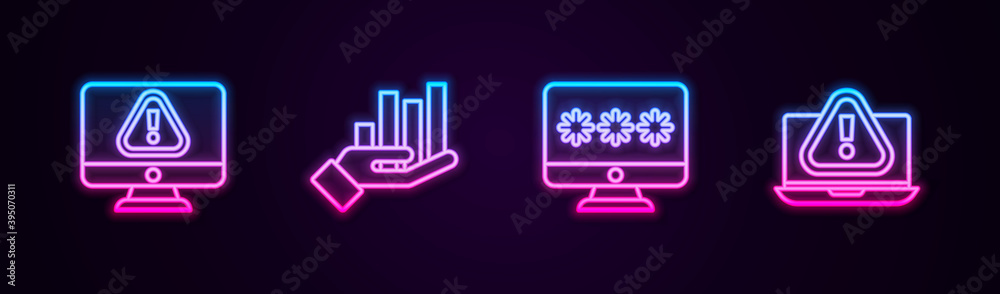 Set line Monitor with exclamation mark, Pie chart infographic, password and Laptop. Glowing neon icon. Vector. Set line Monitor with exclamation mark, Pie chart infographic, password and Laptop. Glowing neon icon. Vector.