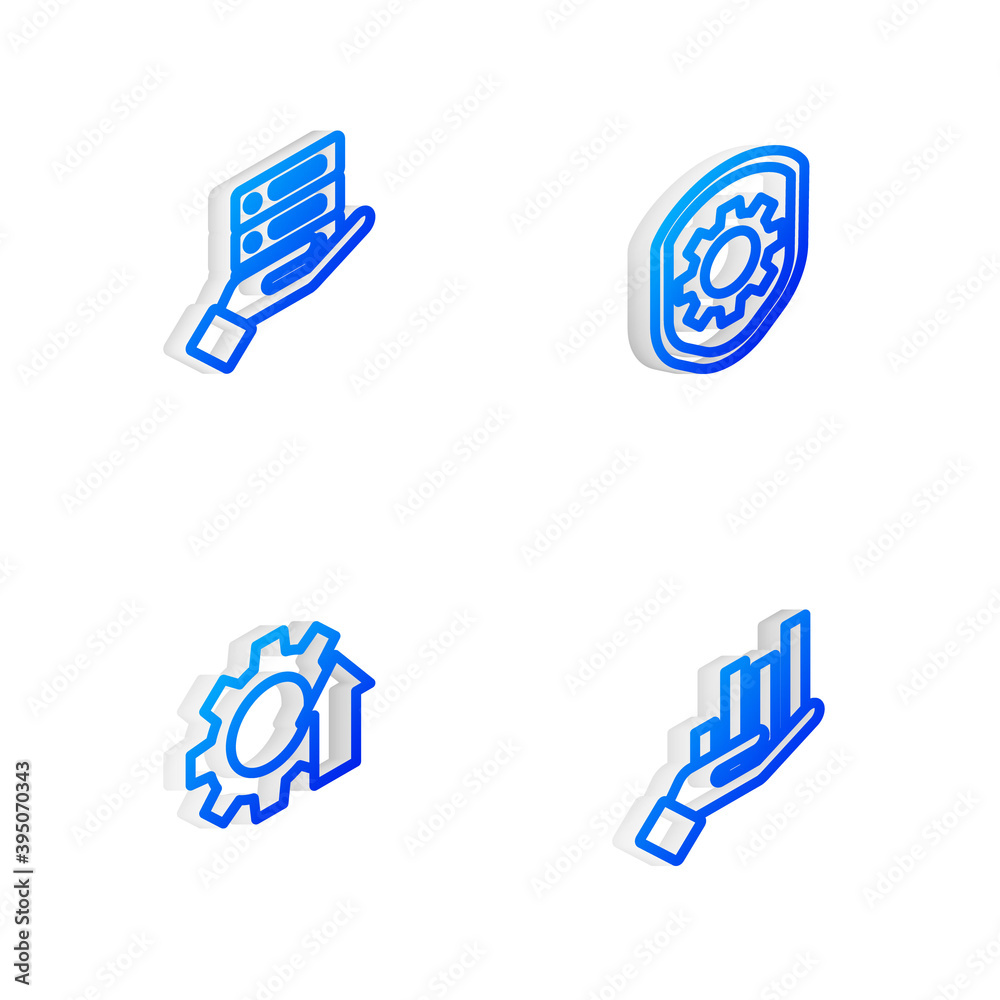Set Isometric line Shield with settings gear, Server, Data, Web Hosting, Arrow growth and Pie chart infographic icon. Vector. Set Isometric line Shield with settings gear, Server, Data, Web Hosting, Arrow growth and Pie chart infographic icon. Vector.