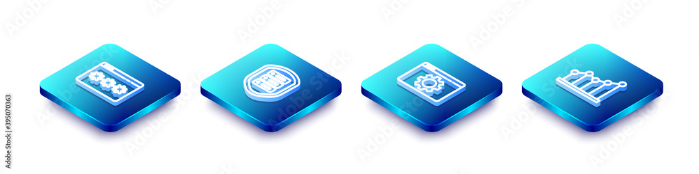 Set Isometric line Password protection, Server with shield, Browser setting and Pie chart infographic icon. Vector. Set Isometric line Password protection, Server with shield, Browser setting and Pie chart infographic icon. Vector.