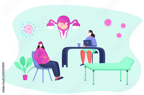 Gynecologist doing Medical Examination of Pregnant in Quarantine.Gynecology Obstetrics Clinic.Pregnant Visiting Gynecologist.Female Consultation.Artificial Insemination.Flat Vector Illustration