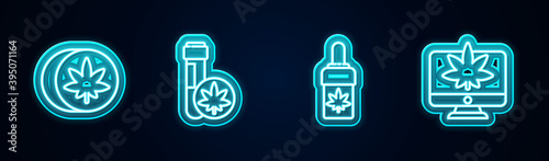 Set line Herbal ecstasy tablets, Chemical test tube with marijuana, Marijuana or cannabis olive oil and Monitor and. Glowing neon icon. Vector.