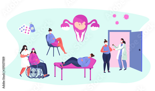 Gynecologist doing Medical Examination of Pregnant with Stethoscope in Quarantine.Gynecology Clinic.Pregnant Visiting Gynecologist.Female Consultation.Artificial Insemination.Flat Vector Illustration