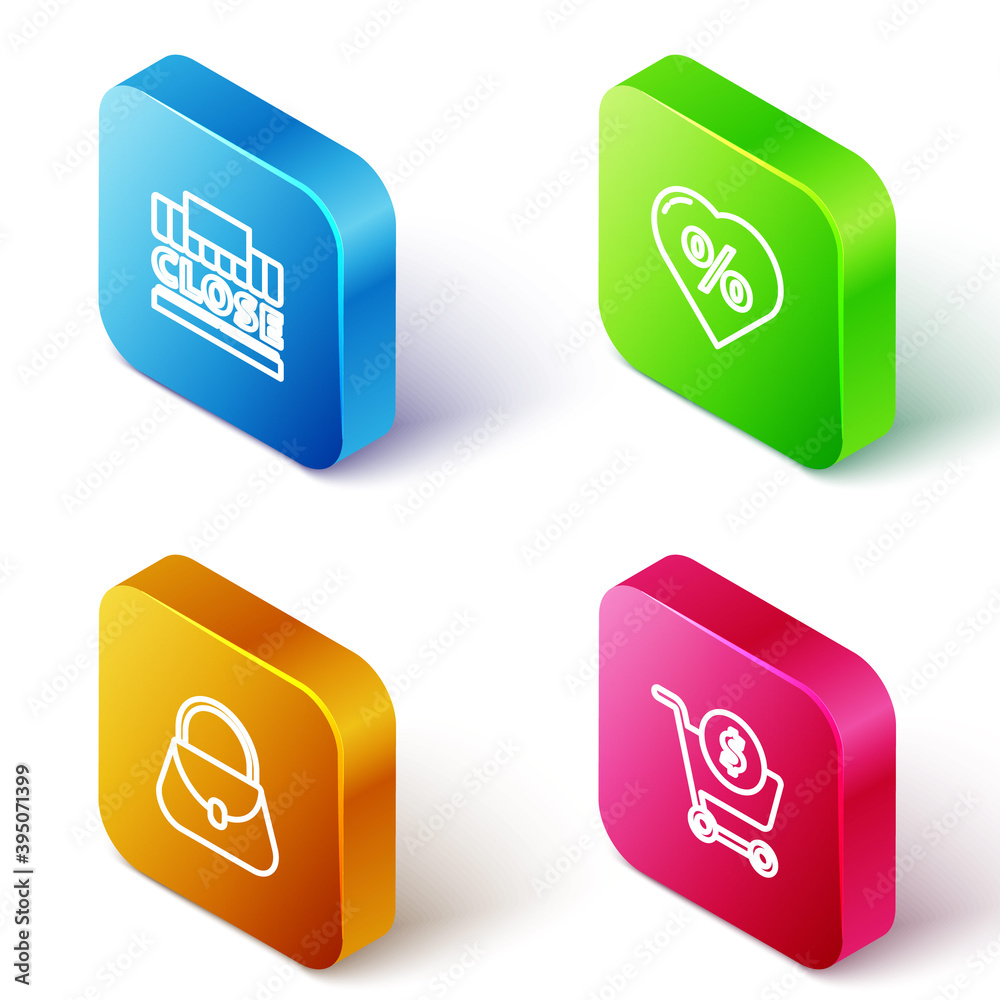 Set Isometric line Shopping building and text closed, Discount percent tag heart, Handbag and cart dollar icon. Vector. Set Isometric line Shopping building and text closed, Discount percent tag heart, Handbag and cart dollar icon. Vector.