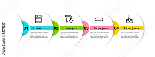 Set line Kitchen dishwasher machine, Trash can and garbage bag, Bathtub and Mop. Business infographic template. Vector.