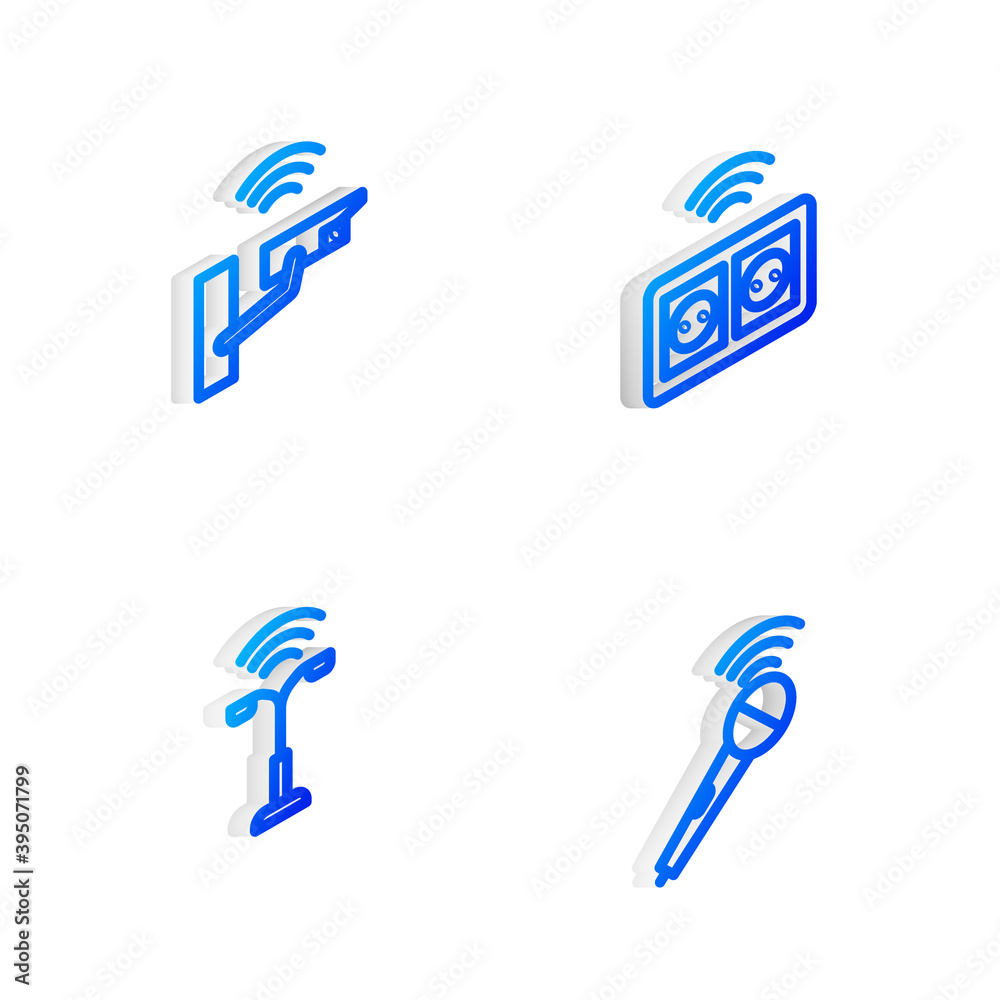 Set Isometric line Smart electrical outlet, security camera, street light and Wireless microphone icon. Vector. Set Isometric line Smart electrical outlet, security camera, street light and Wireless microphone icon. Vector.
