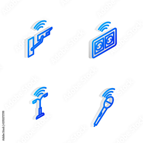 Set Isometric line Smart electrical outlet  security camera  street light and Wireless microphone icon. Vector.