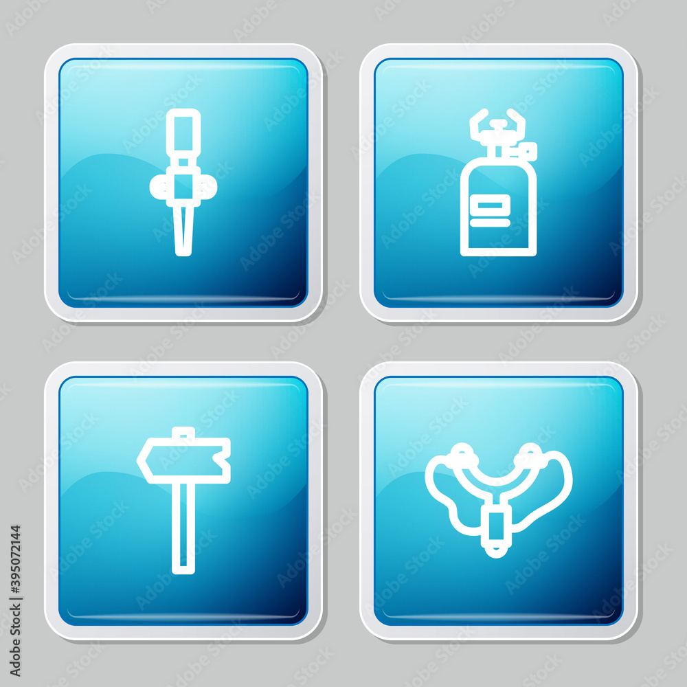 Set line Torch flame, Camping gas stove, Road traffic sign and Slingshot icon. Vector. Set line Torch flame, Camping gas stove, Road traffic sign and Slingshot icon. Vector.