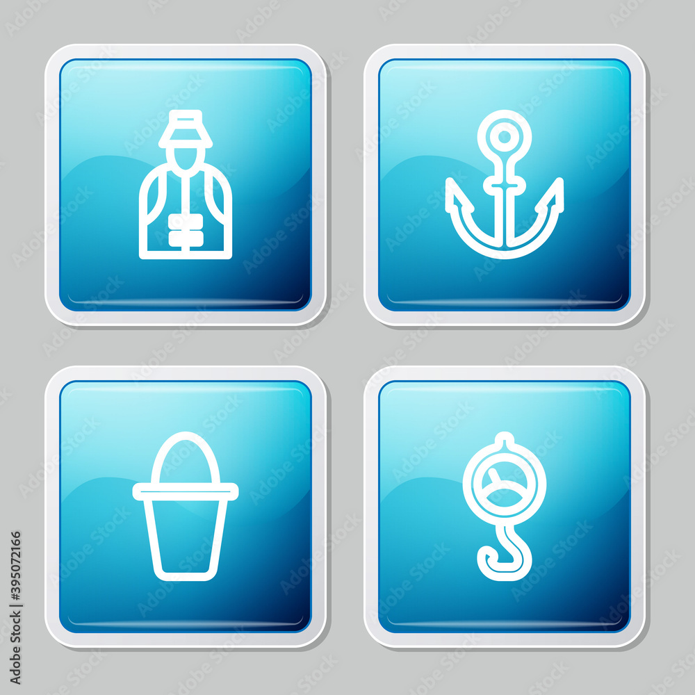 Set line Fisherman, Anchor, Fishing bucket and Spring scale icon. Vector.