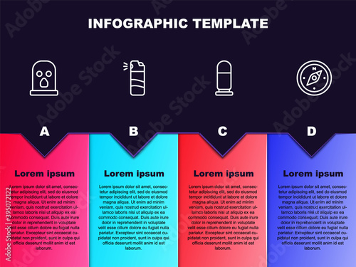 Set line Balaclava, Pepper spray, Bullet and Compass. Business infographic template. Vector.