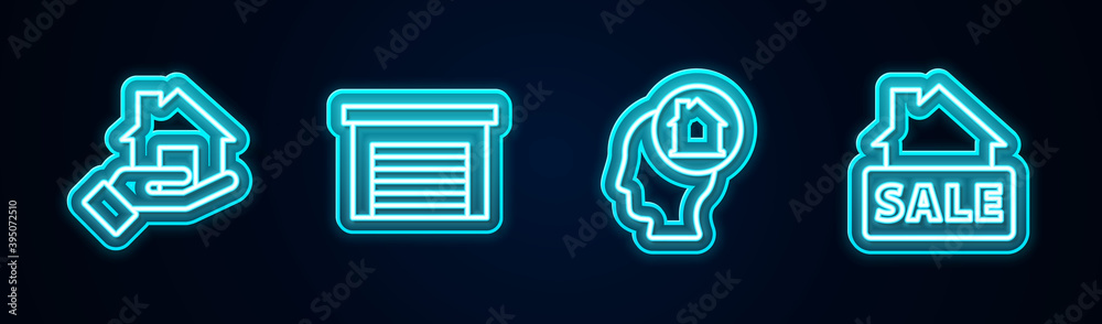 Set line Realtor, Garage, Man dreaming about buying house and Hanging sign with Sale. Glowing neon icon. Vector.
