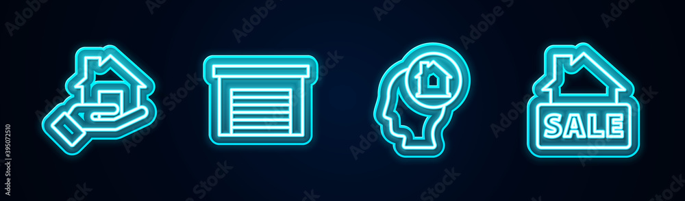 Set line Realtor, Garage, Man dreaming about buying house and Hanging sign with Sale. Glowing neon icon. Vector. Set line Realtor, Garage, Man dreaming about buying house and Hanging sign with Sale. Glowing neon icon. Vector.